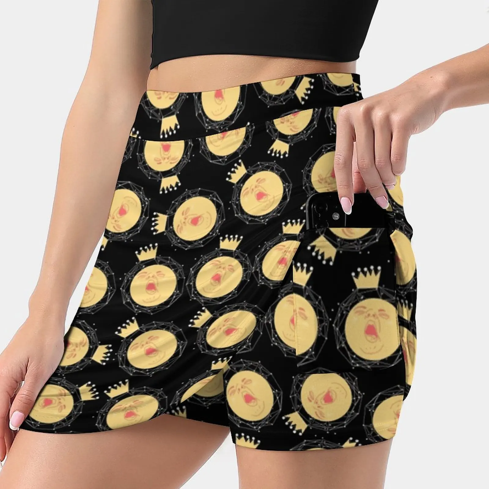 Yawn Women Mini Skirt Two Layers With Pocket Skirts Sport Fitness Running Skorts Yawning Sleep Humour Funny Face Geodesic Crown