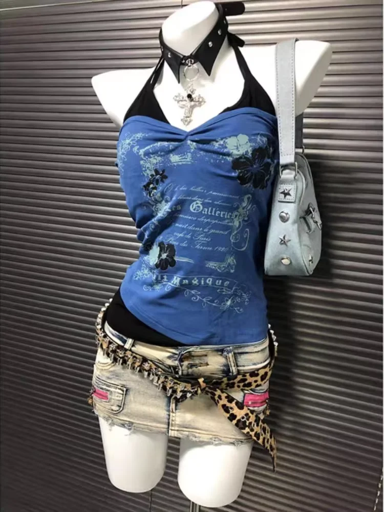 الصيف Y2k ثقافة فرعية الشرير خمر وهمية قطعتين الرسن القمم المرأة مثير القوطية الأمريكية الرجعية عادية شيك التفاف الأسود الصدر Vset #6