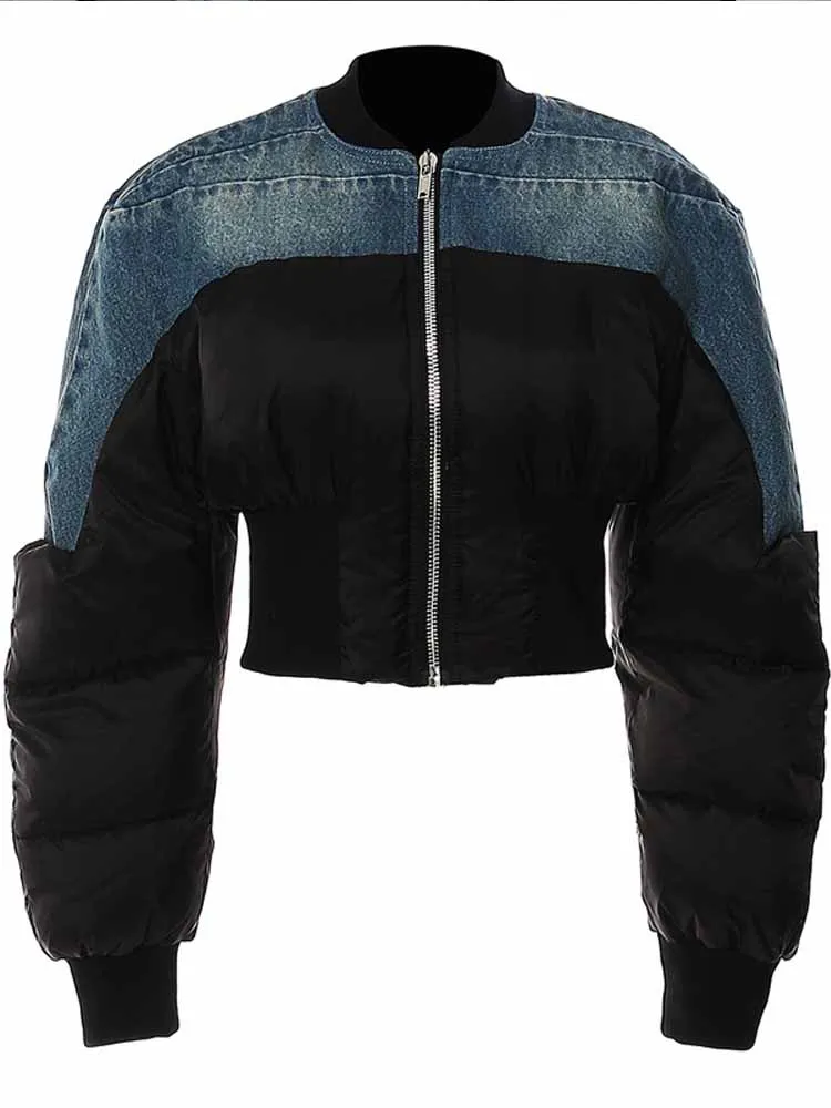 

BKQU Spliced Denim Puffer Jacket Women's Round Neck Long Sleeve Zipper Fashion Warm Parkas New Autumn Winter Bomber Jackets 2025