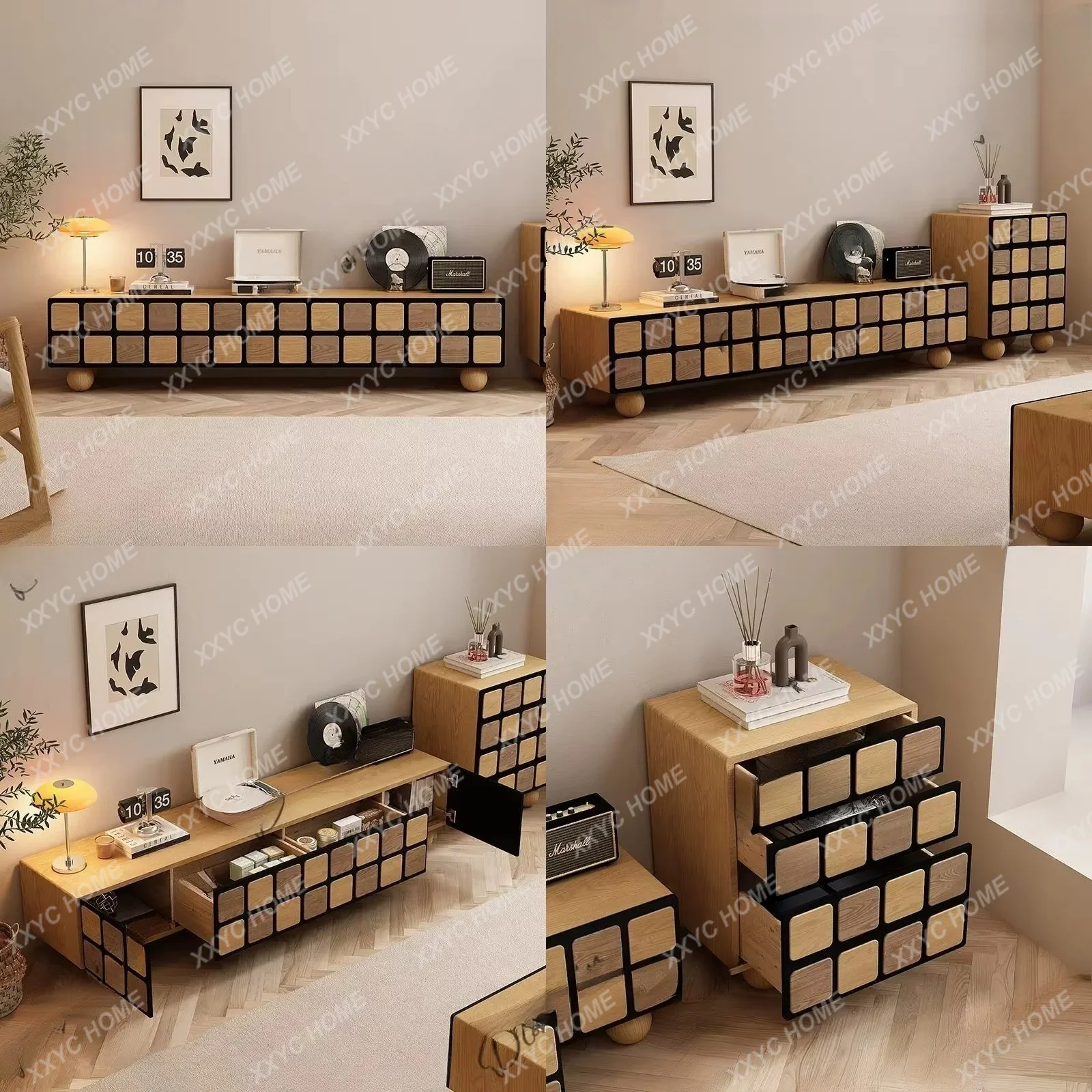 XX Modern Wooden TV Stand With Storage, Color Block Solid Wood Entertainment Center For Living Room