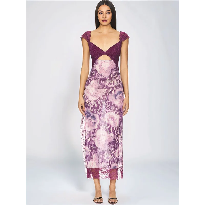 CYL-Women Lace Patchwork Mesh Maxi Dress Floral Print Cutout Sweetheart Neck Backless Slit Summer Y2K Long Dresses