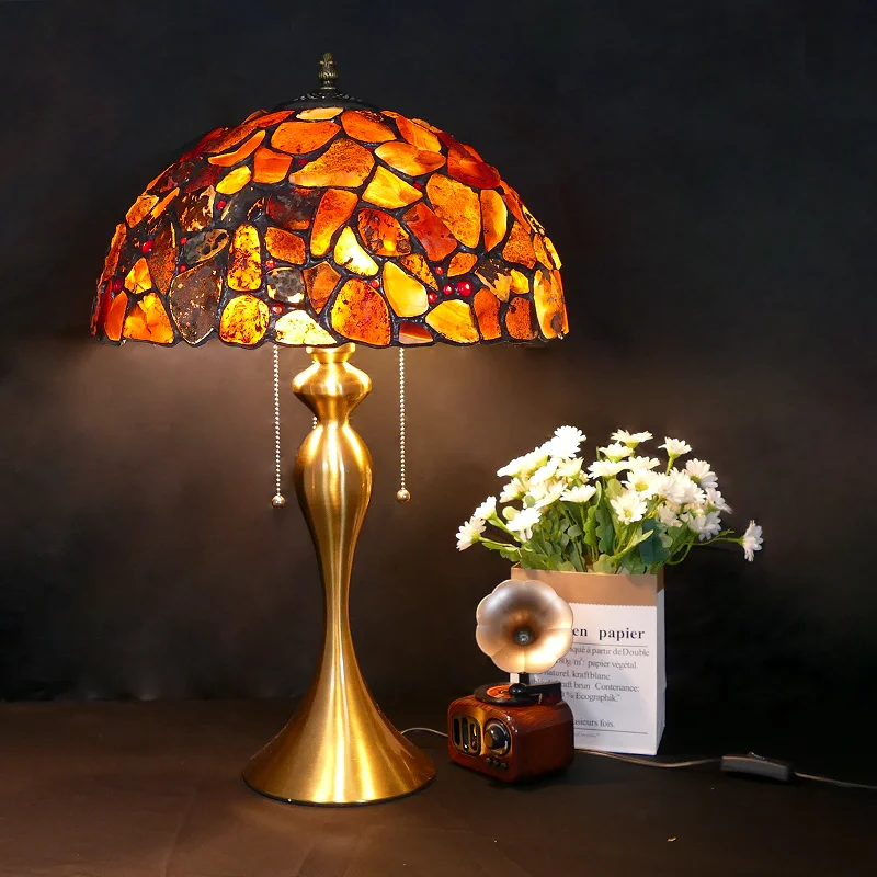 

Natural agate leather table lamp handmade art lampshade European, American retro Middle Eastern living room bedroom table lamp