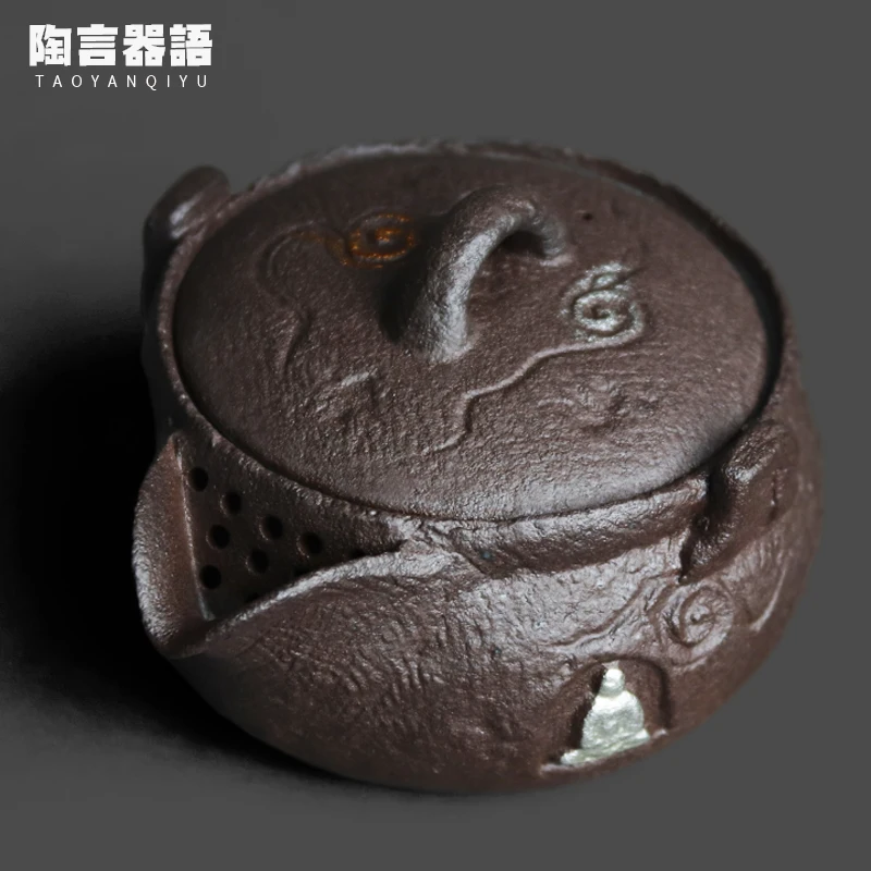 Vintage rough pottery old rock clay flaring teapot embossed Buddha painting gold design bubble tea leaves tea bags single pot