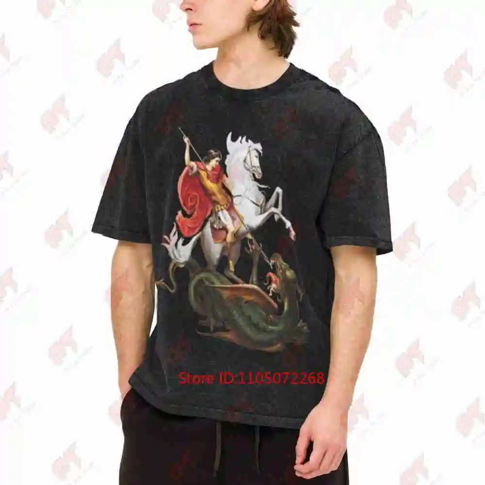 Saint George And The Dragon England Catholic Saints Praying Vintage Washed Tee Pure Cotton T-Shirt