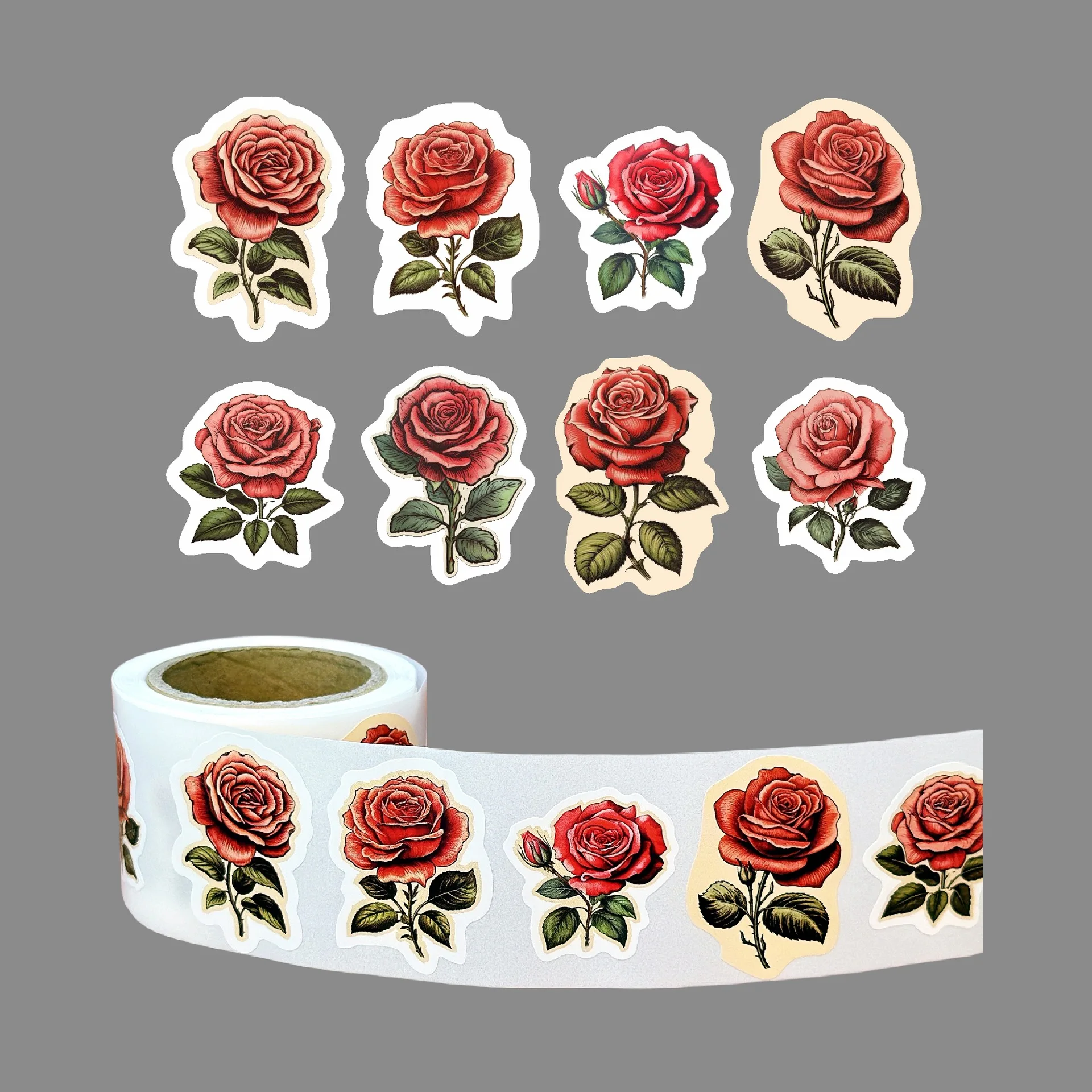 250 Pieces/Rroll Retro Red Rose Flower Pattern Decoration Roll Stickers Laptop Envelope Sealing Stickers