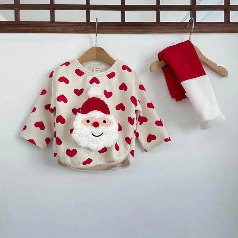 Winter Infant Baby Christmas Hoodie Fashion Striped Love Long-Sleeved Pullover Top With Warm Leggings Children New Year Clothes