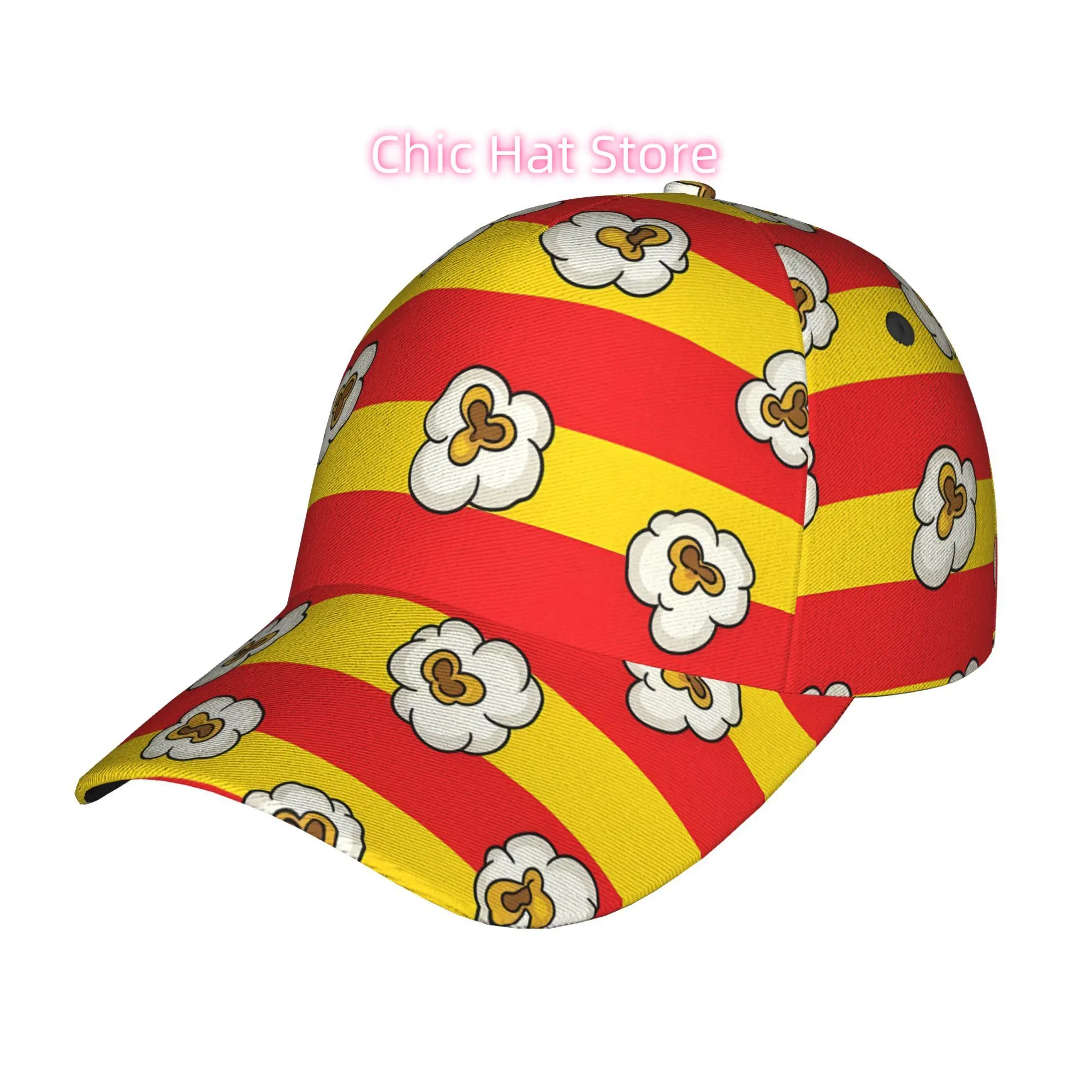 Popcorn Pattern on Red and Yellow Stripes, Fashionable Printed Baseball Cap, Curved Brim Baseball Cap, Sports Running Cap, Adjus
