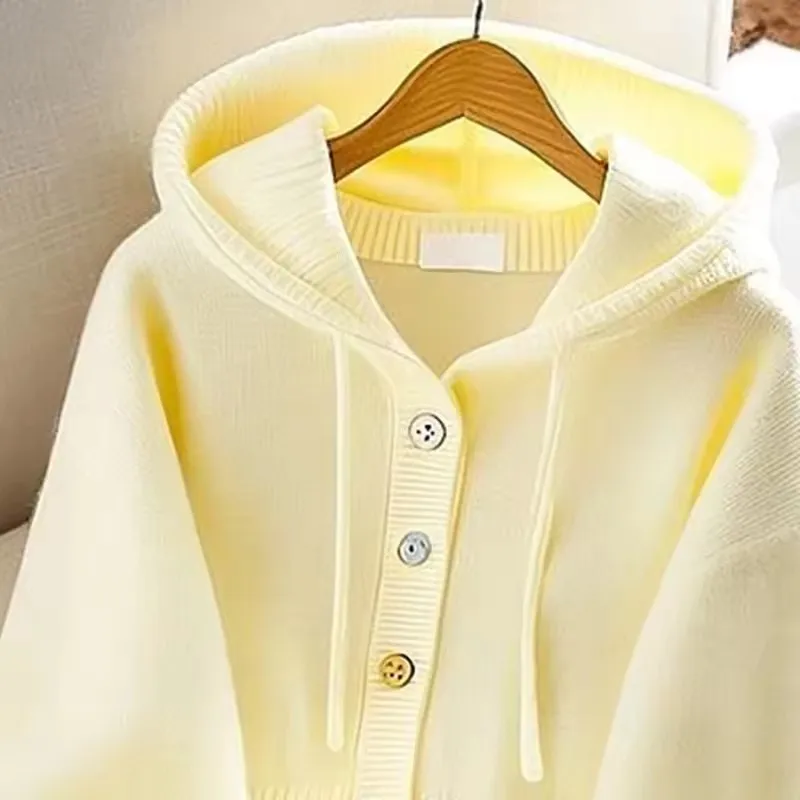 Moda com capuz camisola de malha feminina outono inverno novo cardigan amarelo brilhante topo solto chique senhora jumper coreano casual outwear