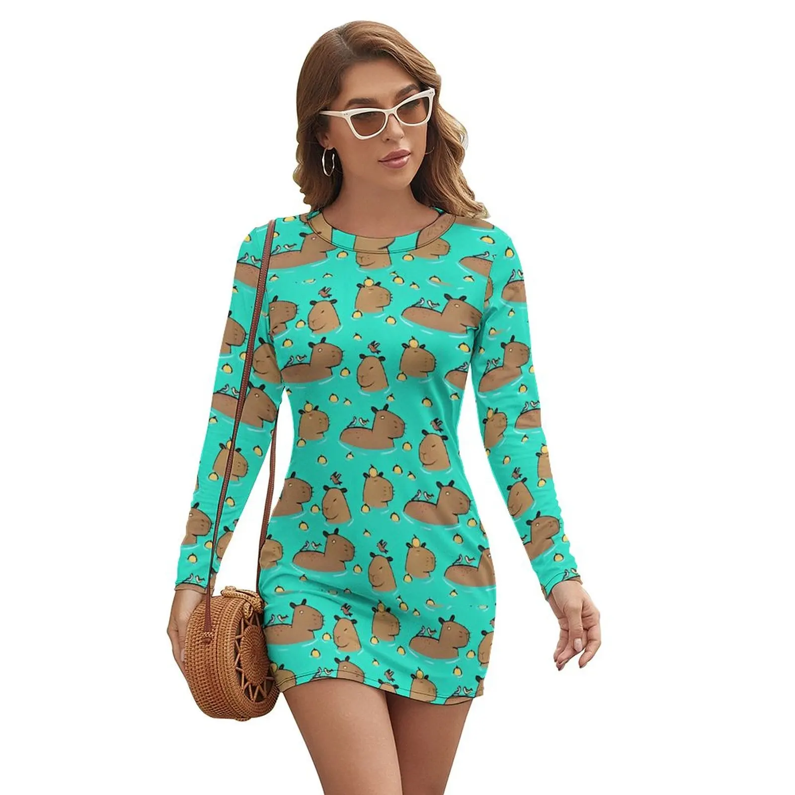 Capybara Bath Dress Women Cute Animal Aesthetic Bodycon Dress Spring Long Sleeve Modern Dresses Graphic Oversized Clothing