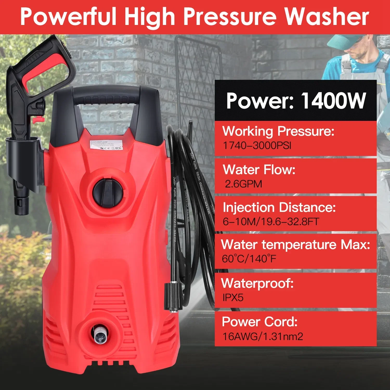 IPX5 Waterproof Electric High Pressure Washer 3000PSI Max 2.6GPM Powerful Car Washer Pressure Cleaner