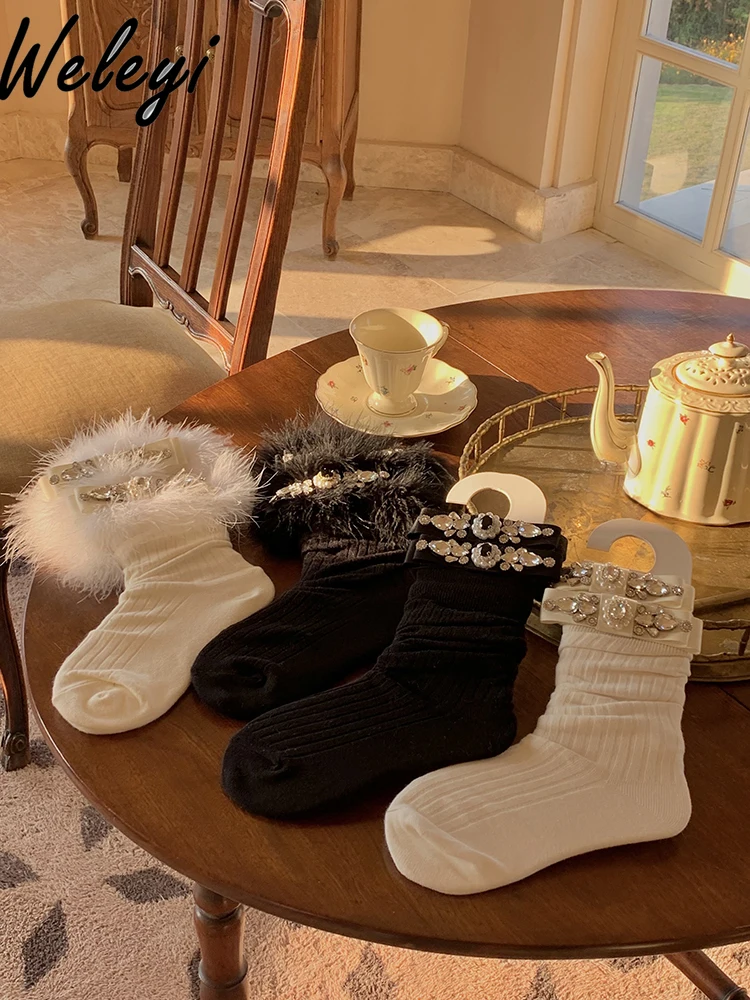 Cute Christmas and New Year White Socks for Women Universal Fashion in All Seasons New Full Diamond Fluffy Bow Mid Tube Socks