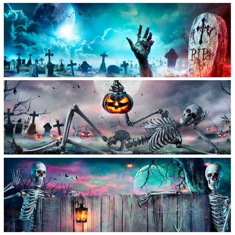 

Happy Halloween Photographic Background Photo Banner Skeleton Graveyard Pumpkin Horrible Night Photography Backdrop Photocall