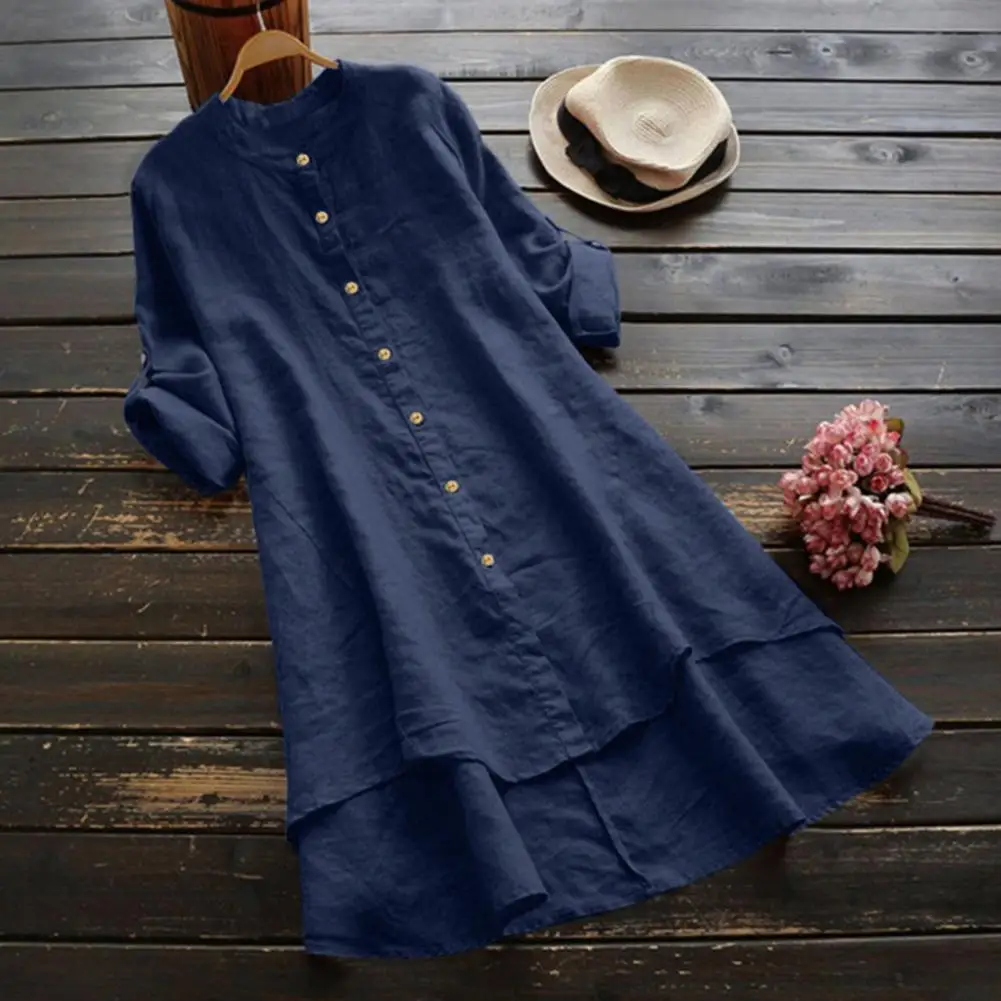 

Summer Women Shirt O-neck Buttons Up Roll-up Sleeves High-Low Hem Loose Blouse Solid Color Mid-Length Shirt Female Clothing