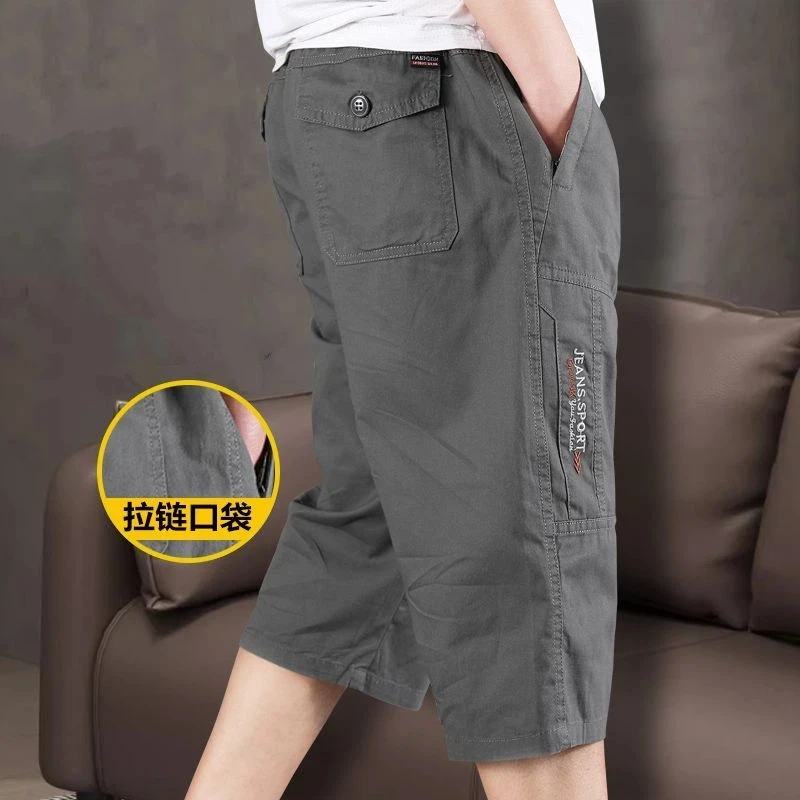 

Men's Cotton Elastic Waist Cargo Shorts Multi-pocket Casual Knee-length Pants for Summer