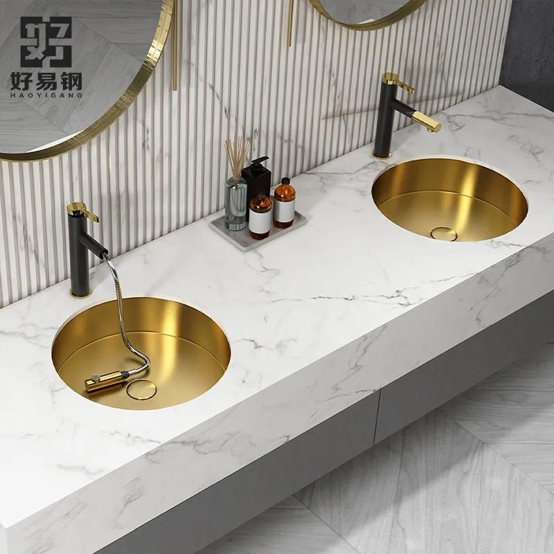 Golden Round Stainless Steel Undercounter Basin Small Bar Sink Hotel Bathroom Embedded