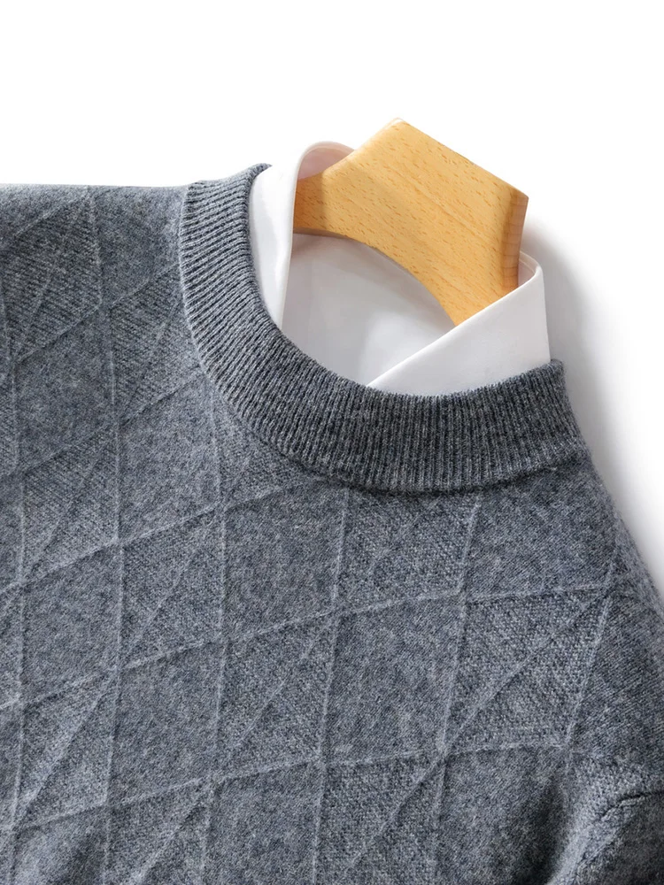 

Men's Autumn Winter Cashmere Sweater Mock Neck Long Sleeve Pullover Rhombus Knit Smart Casual Thick 100% Merino Wool Knitwear