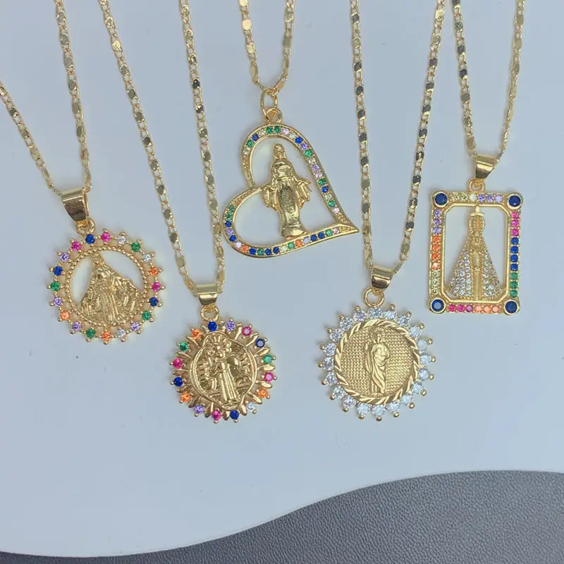 

Fashion Religious Crystal Virgin Mary Pendant Necklace For Women Gold Plated Zircon Hollowing out Geometry Charms Jewelry Gifts