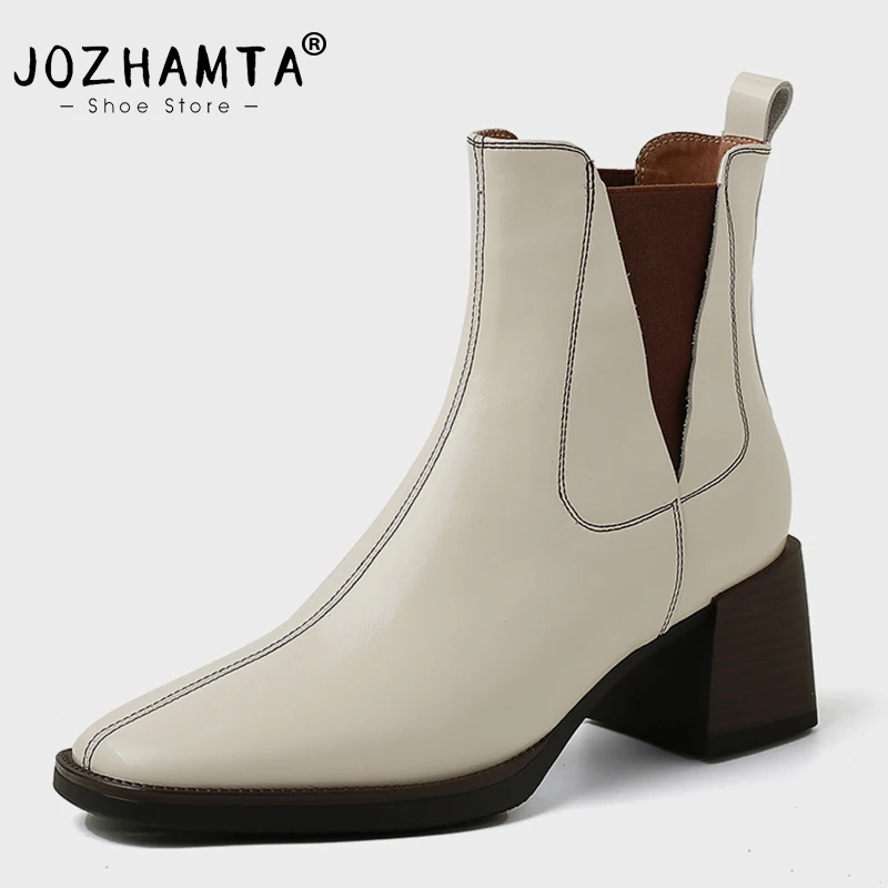 

JOZHAMTA Size 34-39 Women Chelsea Boots Genuine Leather Thick High Heels Shoes Fall Winter Short Booties 2025 Ins Elastic Band