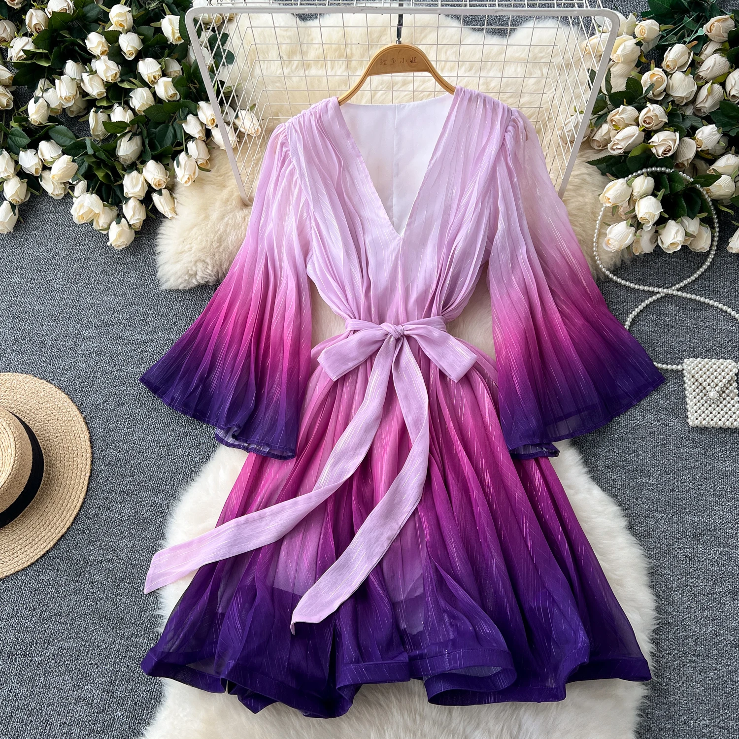 

Women Stylish Print Mini Dress Flare Sleeve V Neck Sashes Ruffle A Line Sweet Chic Dresses Mujer Vestido