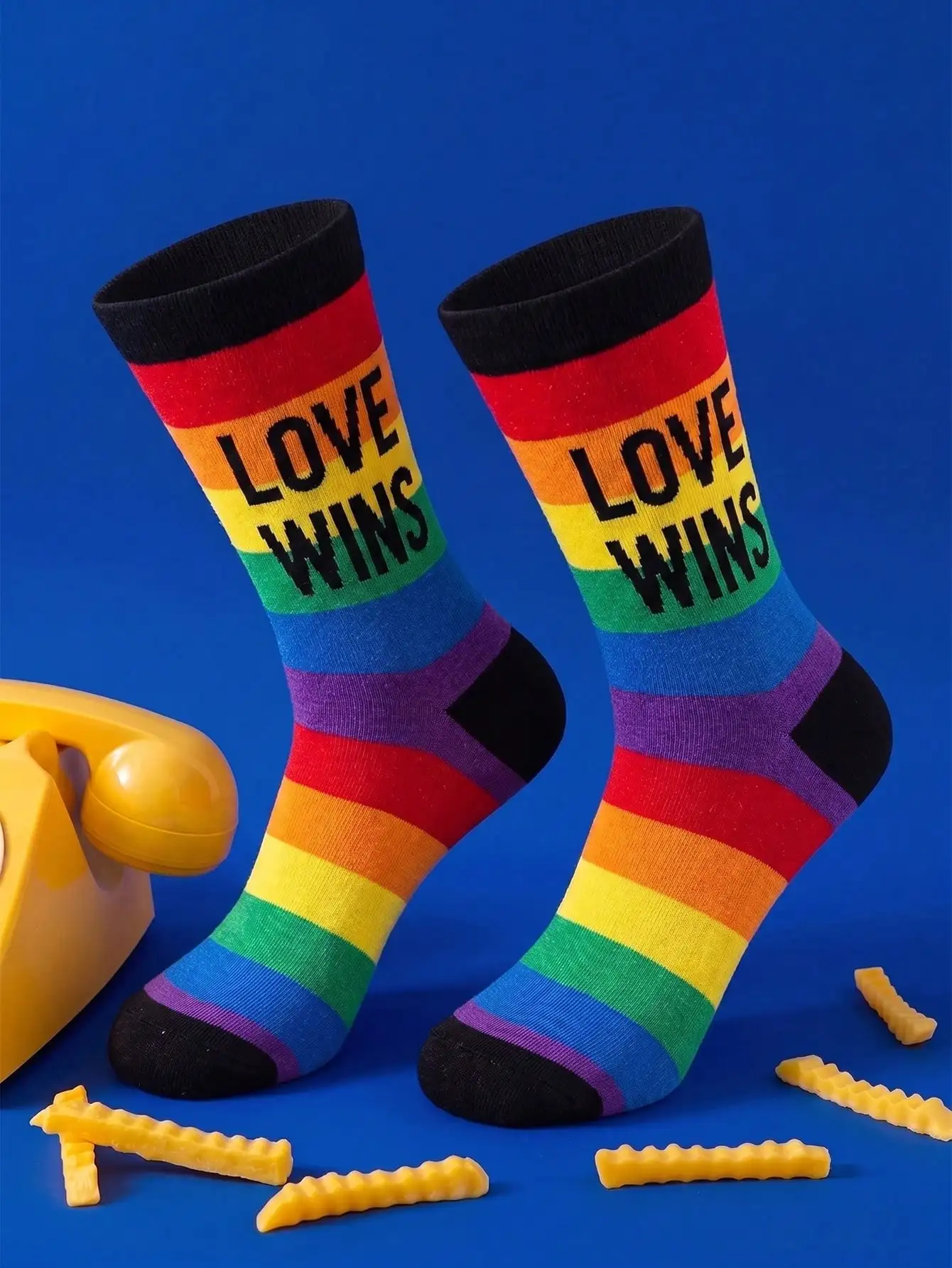 3 Pairs of Black Lgbtq Pride Mid-Calf Socks, Rainbow Gradient Letter Print, Striped Knit Cuff Casual Street Style Mid-Calf Socks