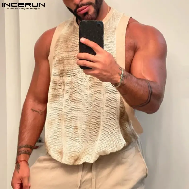 Men Tank Tops Mesh Patchwork O-neck Sleeveless Summer Male Vests Streetwear Sexy Transparent 2024 Fashion Men Clothing INCERUN