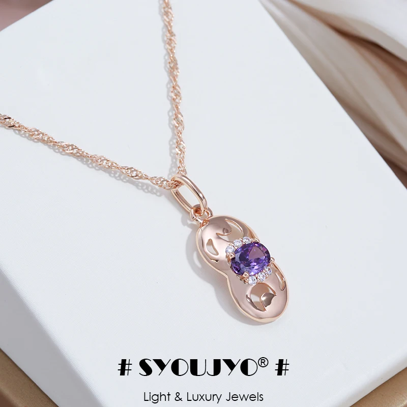 SYOUJYO Purple Natural Zircon Gourd Shape Pendant Necklace For Women 585 Rose Gold Color Easy Matching Party Fine Jewelry