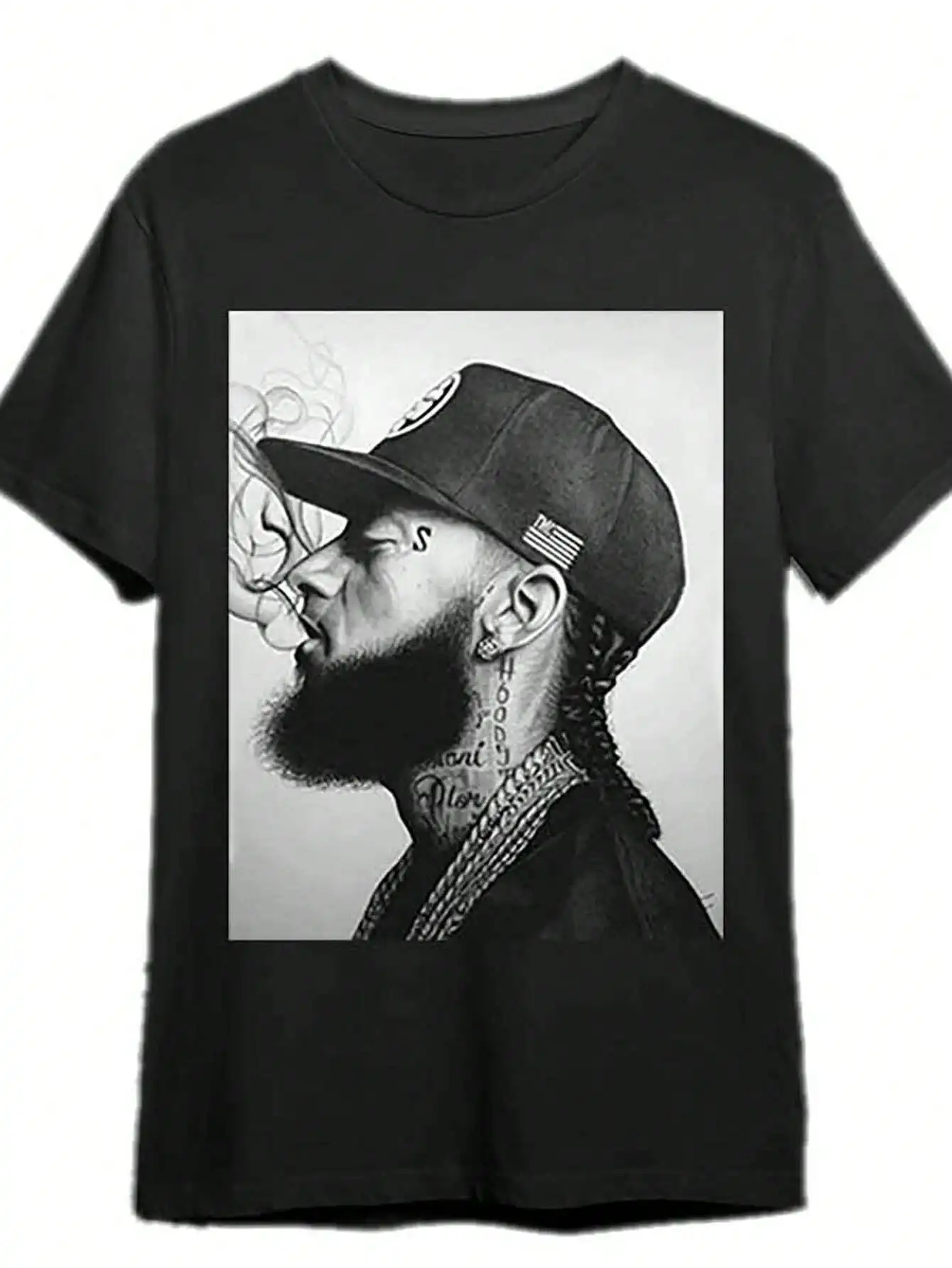 

Men's Black Cotton Graphic Tee - Short Sleeve, Sketch-Style Portrait Print, Casual Summer Wear
