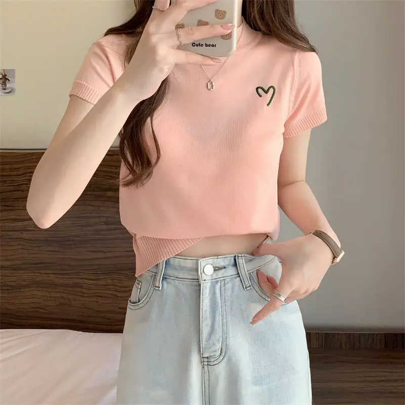 

Love Embroidery Knit Sweater Women Spring Korean Half High Neck Solid Colour Short Sleeve Top