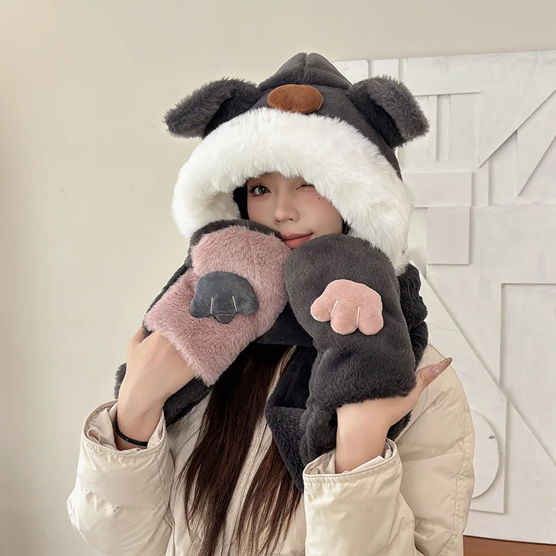 Autumn and Winter Three-piece Ear Protection Scarf Gloves One-piece Hat Cold-proof Warm Pullover Hat Winter Warm Gloves Hat