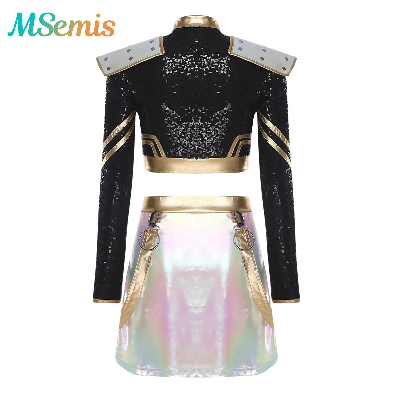 

Womens Demon KPop Halloween Hunter Cosplay Costume Rivet Sequined Crop Jacket Top Metallic Shiny Mini Skirt Carnival Clubwear