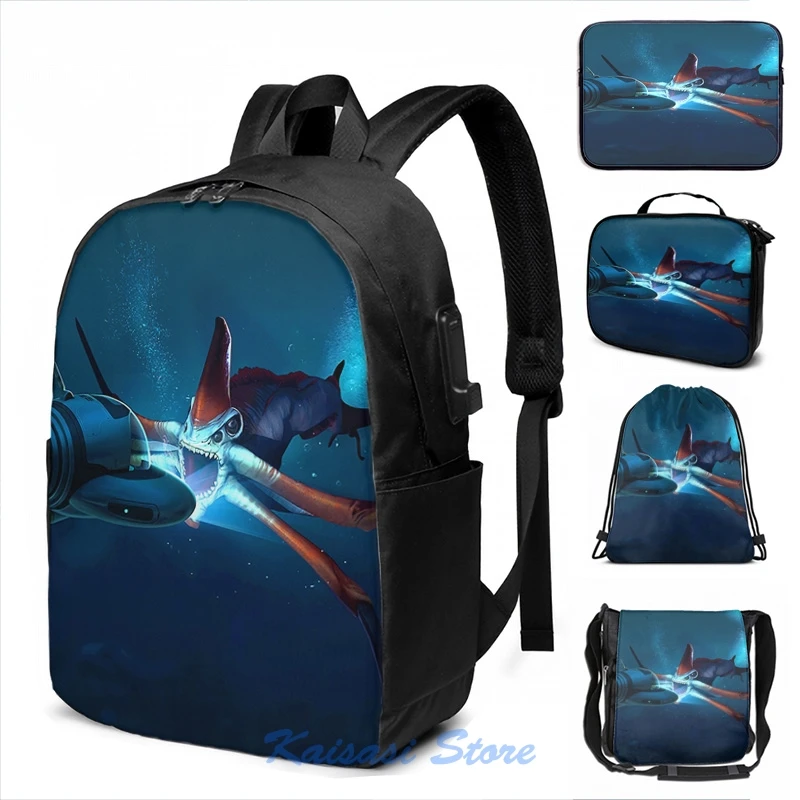 Funny Graphic print Subnautica Sea Monster USB Charge Backpack men School bags Women bag Travel laptop bag