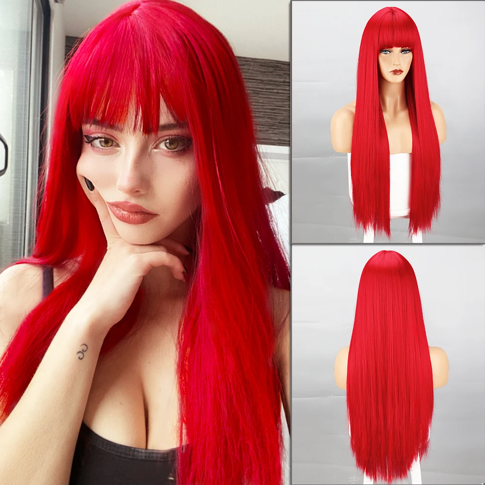 Long Straight Red Synthetic Wig With Bangs For Black Women Party Cosplay Hair Wigs Heat Resistant