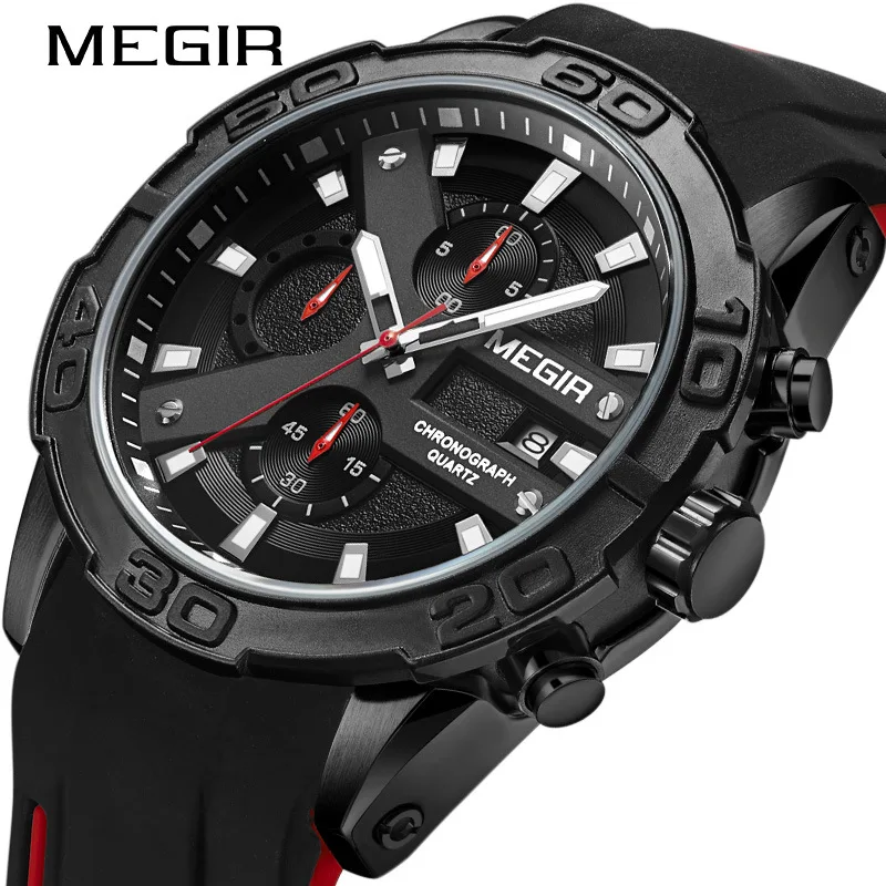 

MEGIR 2055 Men Quartz Watches Sports Cool Chronograph Luminous Date Wateproof Analog Display Silicone Strap Wrist Watch