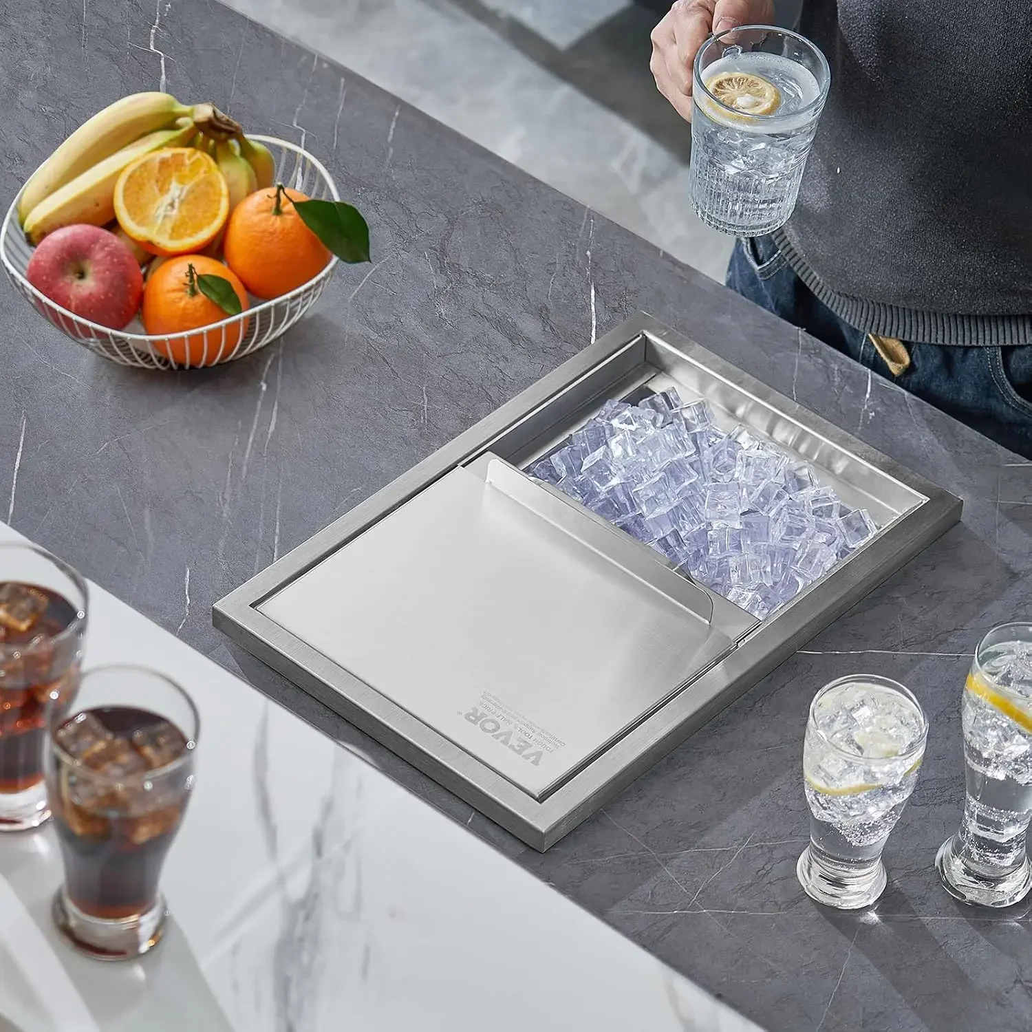 Drop in Ice Chest 18L x 12W x 14.5H Inch Stainless Steel Ice Cooler with Sliding Cover Drop in Ice Bin Included Drain-Pipe