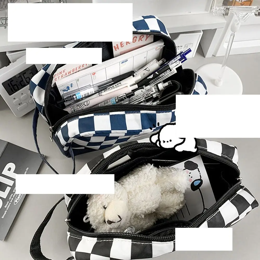

Korean Style Cosmetics Storage Student Stationery Large Capacity Plaid Pencil Bag Pencil Case Desktop Organizer Pencil Pouch