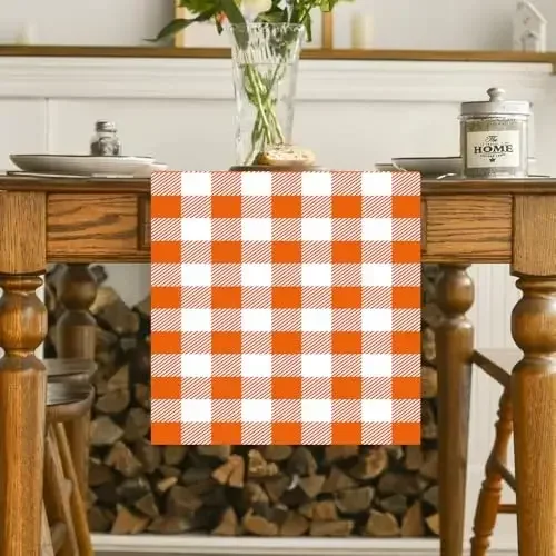 Orange Gingham Table Runner Buffalo Plaid Printed Cloth Polyester Long Placemat Autumn Fall Thanksgiving Party Dinner Decor