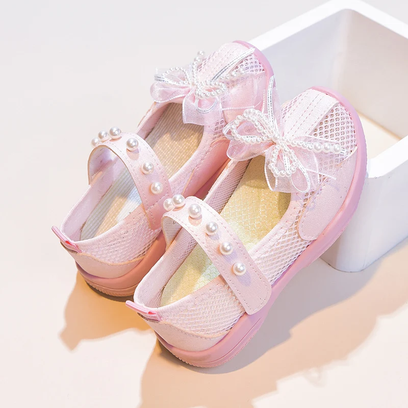 Girls Fashion Beaded Bow Decorated Casual Sneakers 2026 Spring and Summer New Children's Mesh Breathable Soft Sole Sneakers