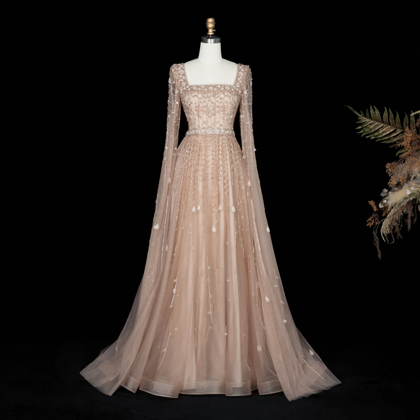 Sharon Said Luxuriöses Flieder-Champagner-Abendkleid mit Quadratischem Ausschnitt und Ärmeln, Rosa Muslimisches Abendkleid für Hochzeitsfeier, SS494 Maßanfertigung – Detail 17