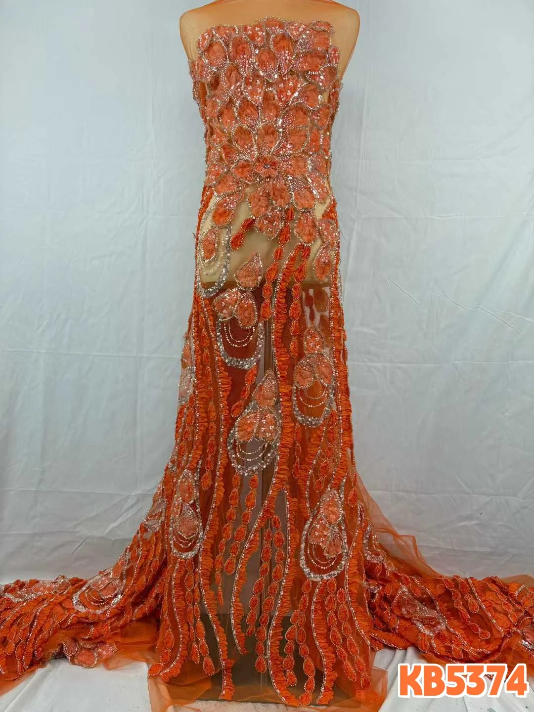 

Orange Beads 3d Flower Lace Fabric Green Sequin Lace Fabric Luxury Fabric For Dress 5 Yards With Beads African Wedding KB5374