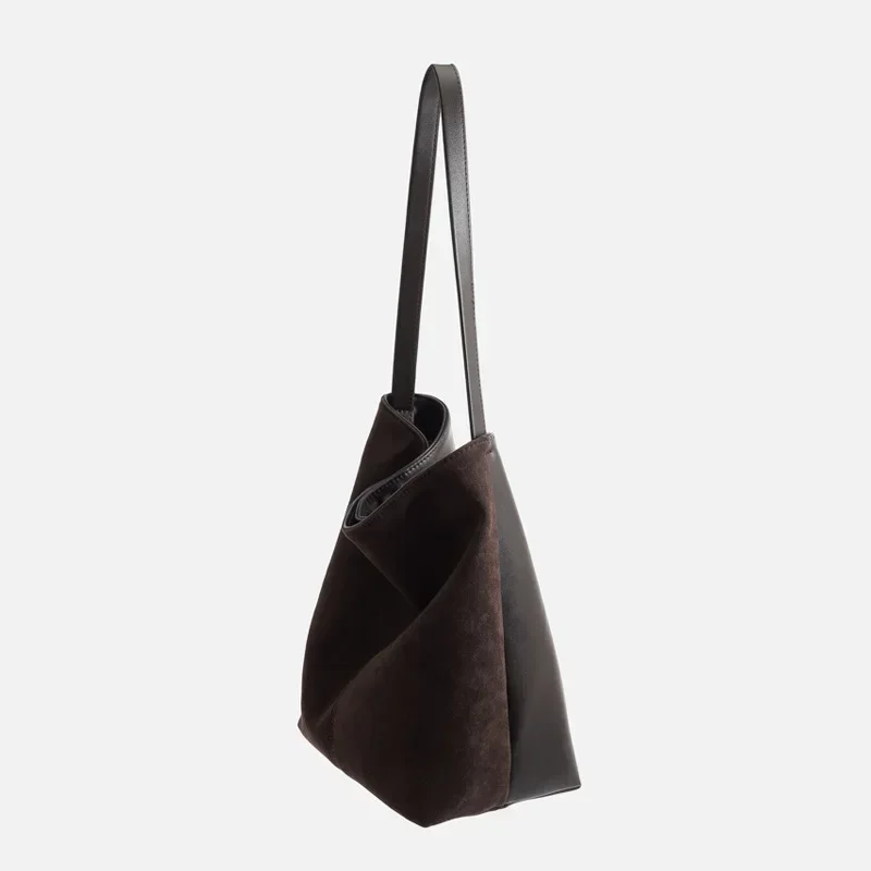 Vintage Women\'s Bag Large Capacity Suede Bucket Shoulder Bag Solid Color Simple Casual Commuter Bag Luxury Designer Purses