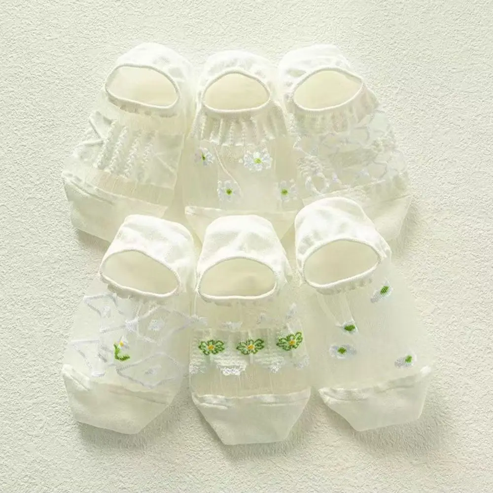 

10Pairs Hosiery Floral Glass Silk Boat Socks Breathable Sweet Flower Invisible Socks Thin Glass Silk Mesh Short Sock Summer
