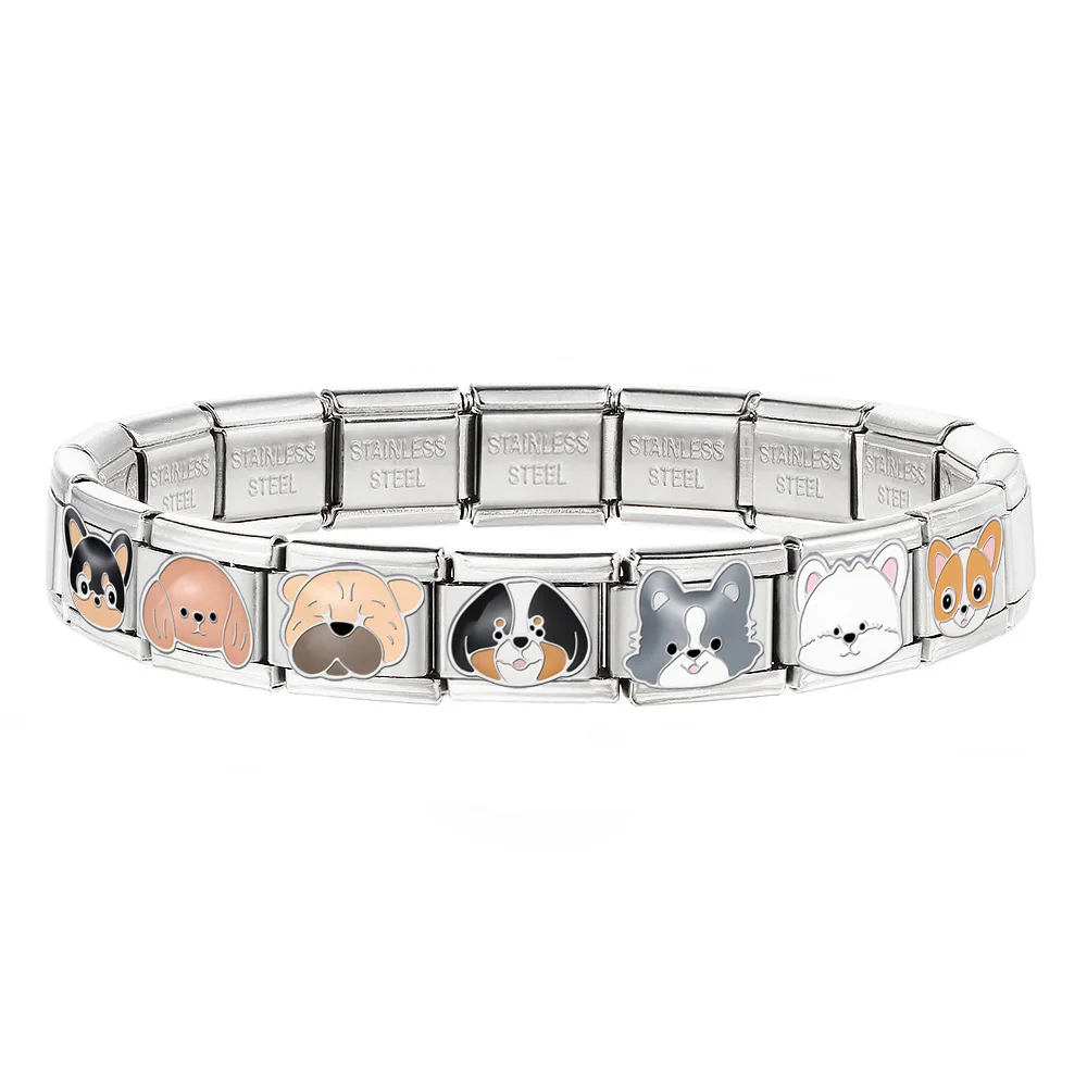 URING موضة لطيف Kawaii الكرتون الحيوانات الكلب تصميم سحر أساور ربط الإيطالية صالح 9 مللي متر الفولاذ المقاوم للصدأ صنع سوار ذاتي الصنع