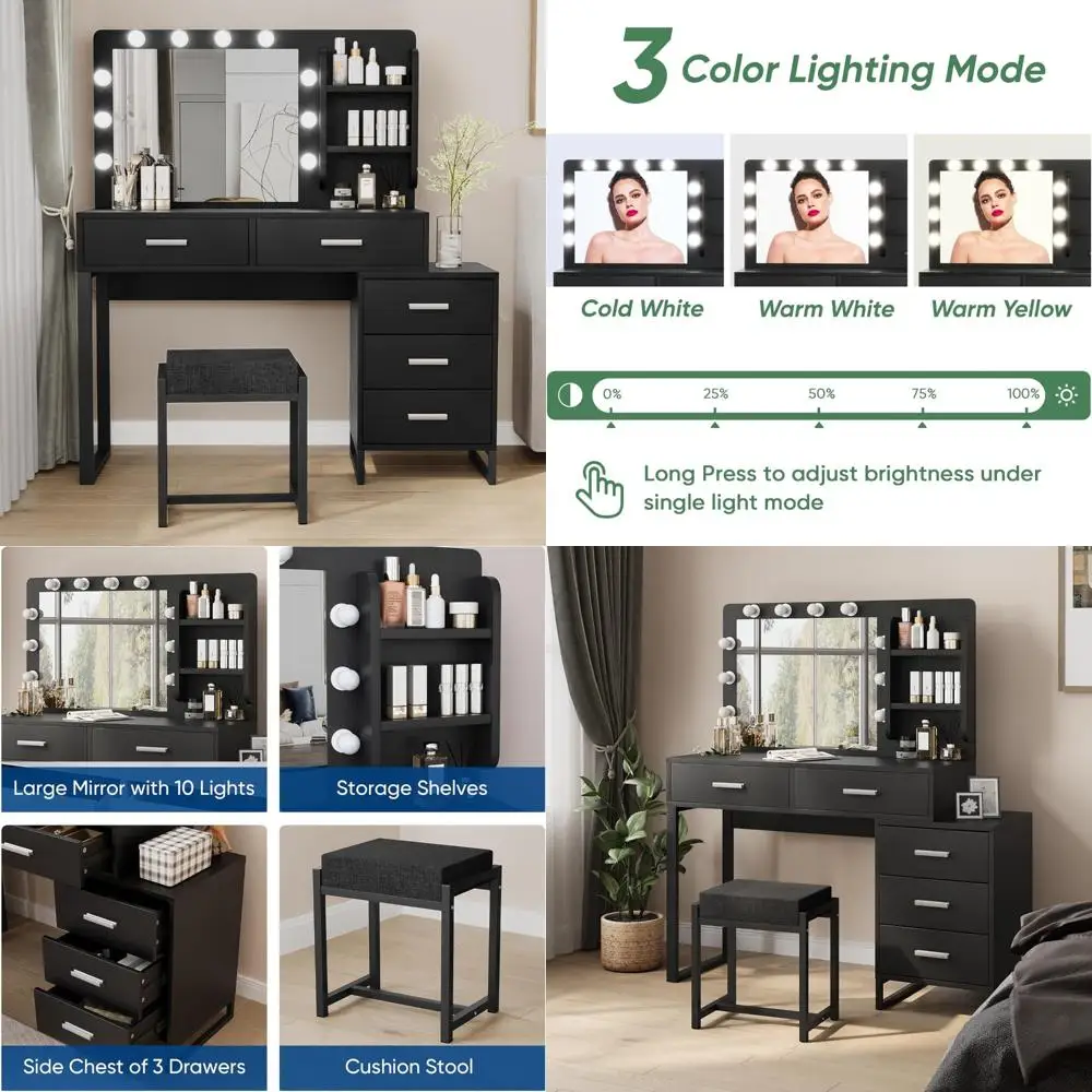 illuminated makeup vanity desk with 5 drawers and 3 lighting modes