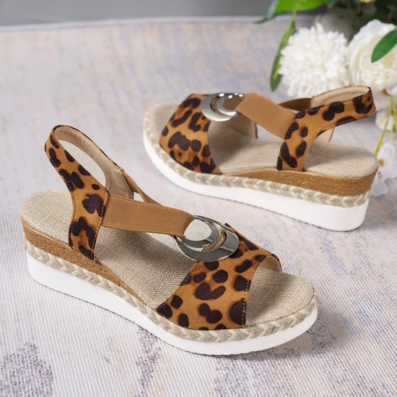 Fashion Leopard Print Women\'s Sandals 2024 Metal Decoration Wedges Sandalias Mujer Lightweight Non-Slip Gladiator Shoes Women