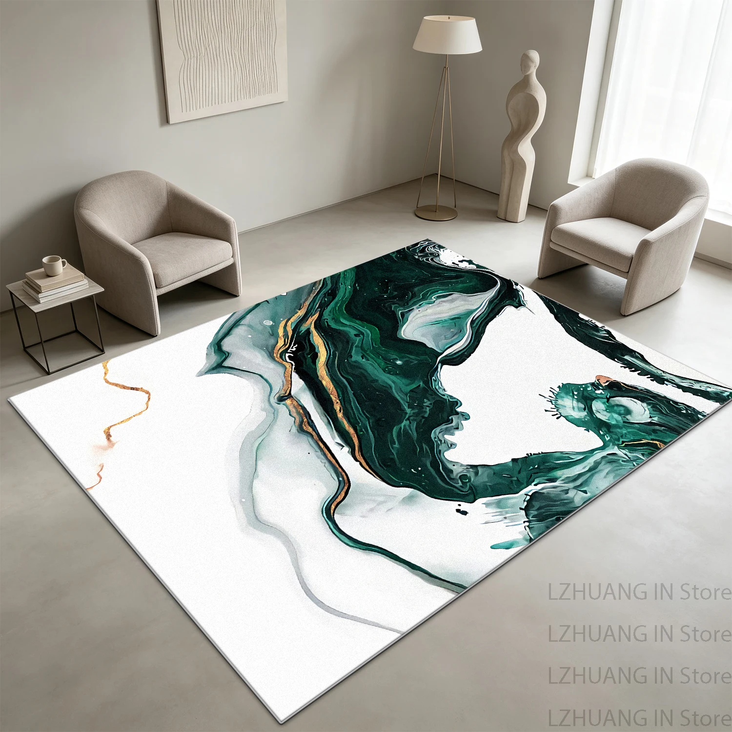 Modern Abstract Style Marble Area Living Room Carpet Antiskid Soft Plush Cloakroom Rug Machine Washable Foldable Mat for Bedroom