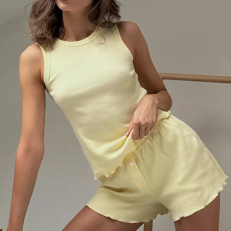 Casual Solid Ribbed Knit Lounge Set Womens Sleeveless Tank Top and Lettuce Hem Shorts Two Piece Summer Pajama Outfit Homewear - Image 2
