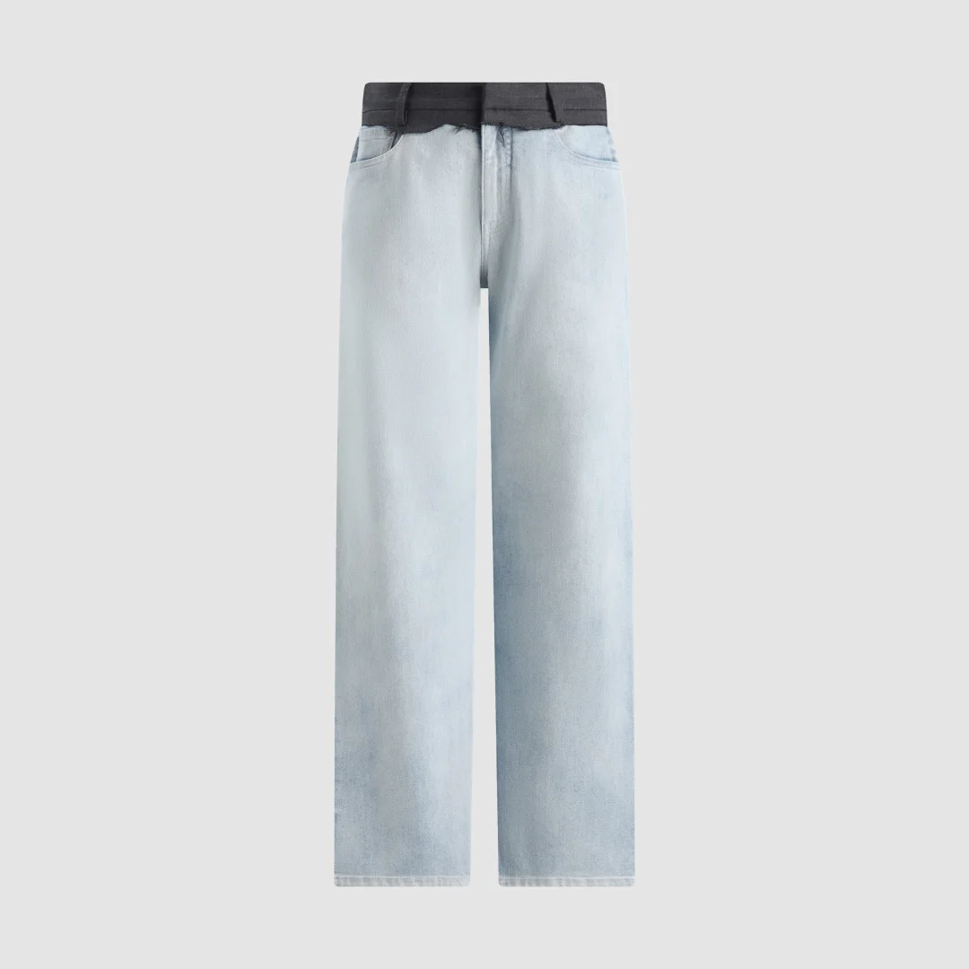 2026 Contrast Waistband Wide-Leg Jeans – Light Wash Denim Pants with Structured Black Belt Detail