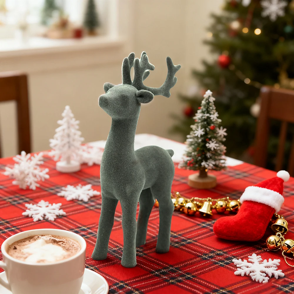 Seasonal Reindeer Decor Pair with Realistic Silhouettes and Uniform Flocking for Cohesive Tabletop Mantel or Shelf Arrangements
