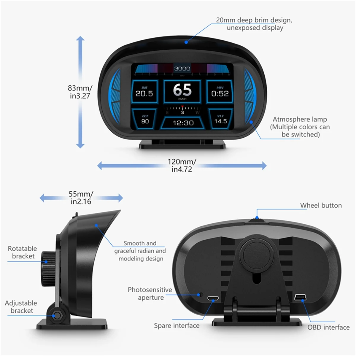 P2 Car HUD Head-Up Display OBD GPS Vehicle Speed and Gradient Meter Water Temperature and Fuel