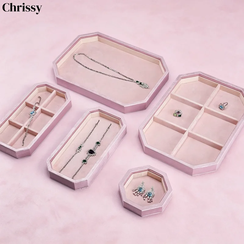 Light Luxury Palace Pink Jewelry Box, Octagonal Velvet Organizer for Bracelet Ring & Hand String, High-End Lid Case